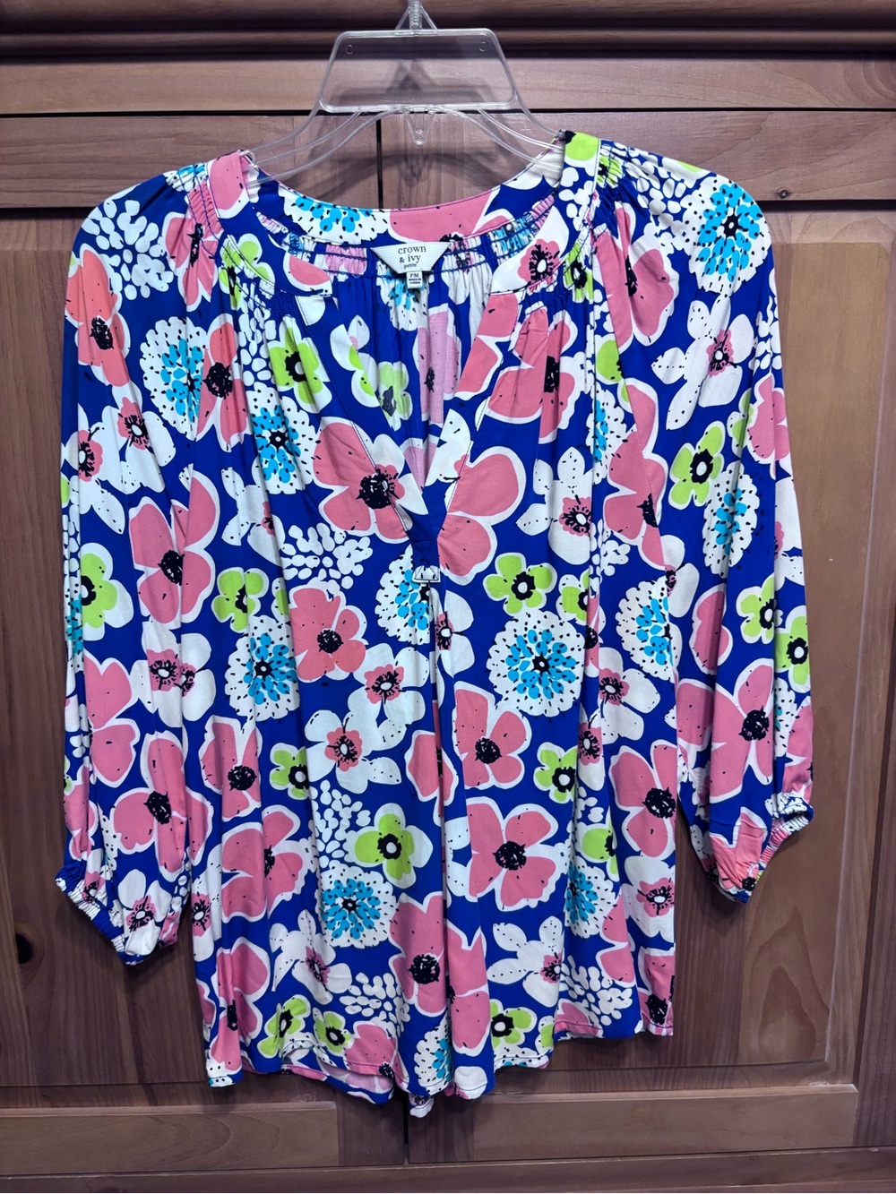 crown & ivy Blue Floral Peasant Blouse with Pink and Lime Accents